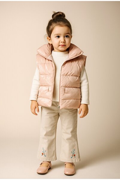 Bebüş Girl's Zipper Closure Puffer Vest Badi Blouse Sweater Embroidery Work Linen Pants Set