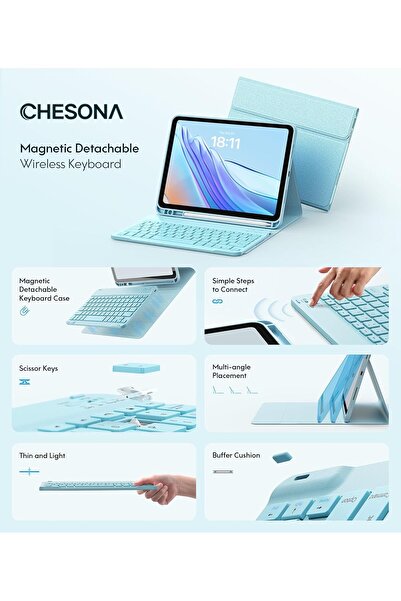 CHESONA Keyboard Case for iPad (A16) 11th/10th Generation, Detachable Wireless Keyboard, Pencil Hold