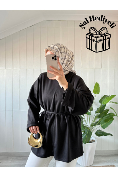 Mira İpek Slit Soft Double Face Fabric Tunic Drawstring Tunic Shawl with Gift