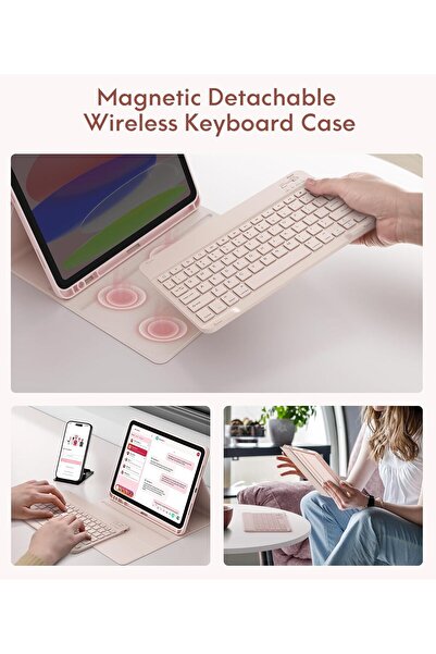 CHESONA Keyboard Case for iPad 11th (A16) & 10th Gen, Detachable Wireless Keyboard - Pale Pink