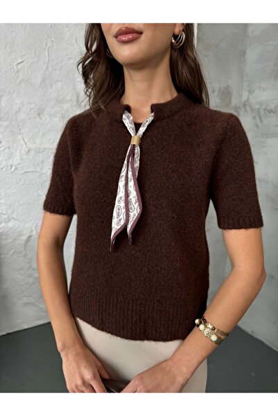 Elif Özbey Butik Кафяв шал с къс ръкав от мека плетена материя
