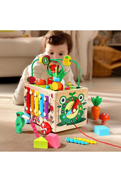 OEM Montessori Activity Cube 9-in-1 - Fishing, Xylophone, Fruit Sorting Wooden Toy
