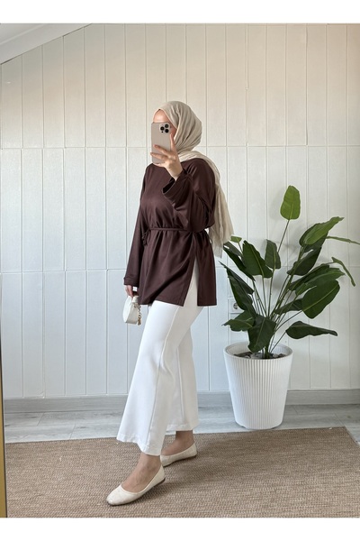 Mira İpek Yırtmaçlı Yumuşak Double Face Kumaş Tunik İpli Tunik Şal Hediyeli