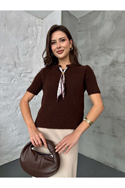 Elif Özbey Butik Кафяв шал с къс ръкав от мека плетена материя