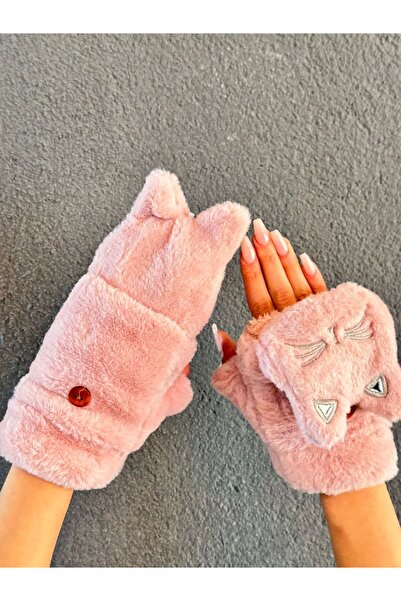 Gönülden Tasarım Plush Embroidered Cat Gloves with Open Fingers and Fur Inside