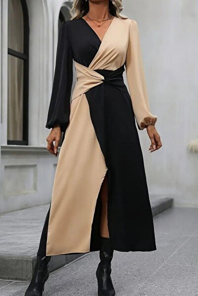 Mossta διπλό πέτο Φόρεμα με λεπτομέρεια στη μέση με λαιμόκοψη - Μίντι εισαγόμενο κρεπ φόρεμα - Μπεζ