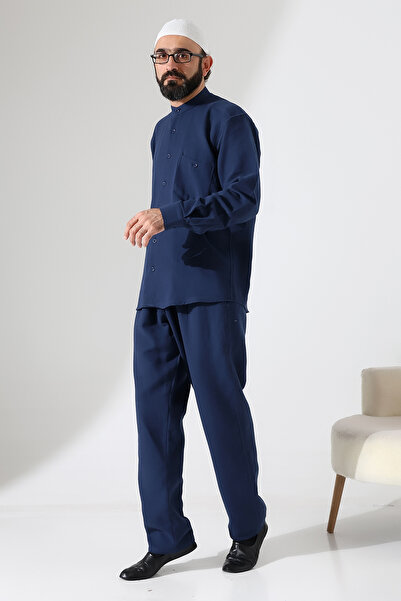 ihvan online Men's Muslin Hakim Collar Shirt with Pockets and Pants Two-Piece Set, Hajj Umrah Outfit - Navy Blue (Ans)