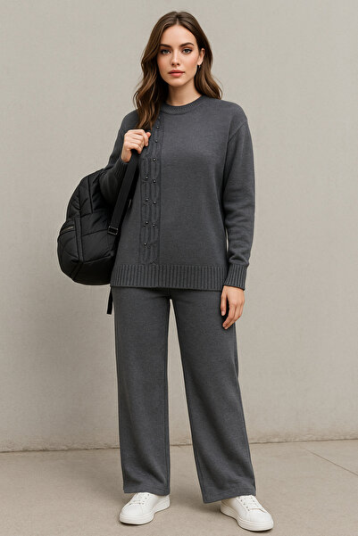 semela New Season Side Hair Braided Pearl Detail Knitwear Set