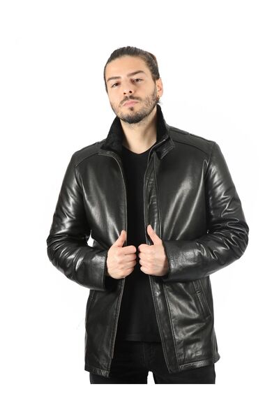 vivamood Leonel Erkek Yün İçlikli Jumbo Baskılı Kuzu Deri Kaban-5xl