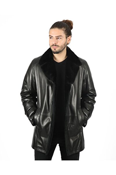 vivamood Erkek Yün İçlikli Jumbo Baskılı Kuzu Deri Kaban-2XL