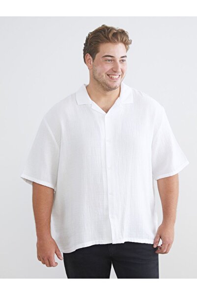 LC Waikiki Xside White Large Size Resort Collar Short Sleeve Muslin Men's Shirt