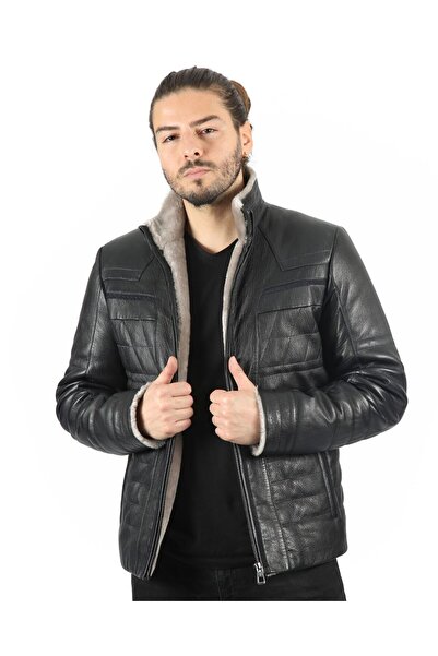 vivamood Mizraim Erkek Yün İçlikli Jumbo Baskılı  Deri Mont-3XL