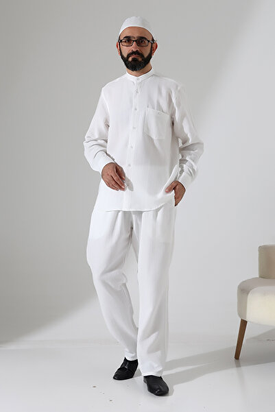 ihvan online Men's Muslin Hakim Collar Shirt with Pockets and Pants Two-Piece Set, Hajj Umrah Outfit - White (Ans)