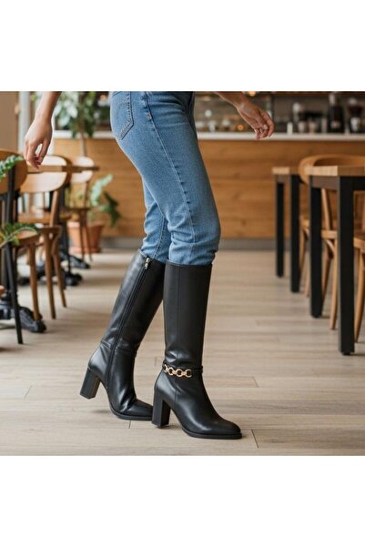 NE&VE SHOES Siyah Hakiki Deri Gold Aksesuarlı İçten Fermuarlı Kadın Kalın Top...