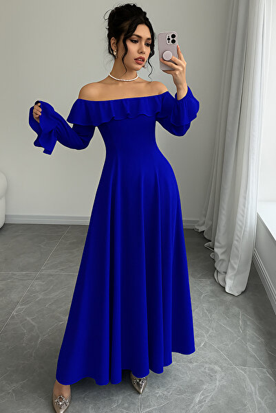 Deafox Saks Blue Madonna Collar Ruffle Detail Long Sleeve Crepe Fabric Dress