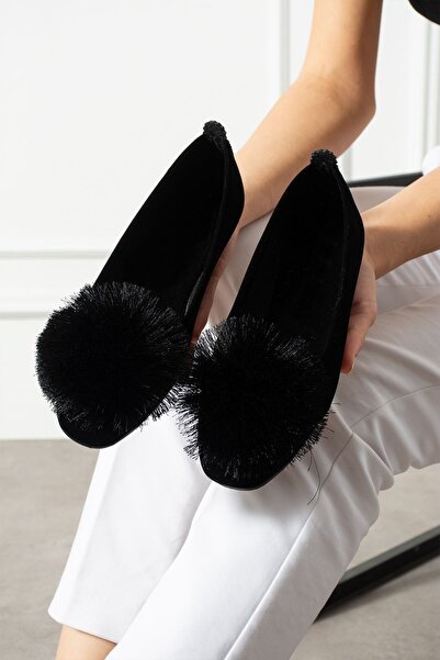 FUGA MODA Siona Black Pompom Velvet Textured Elegant Engagement Dowry Bag Guest House Bag