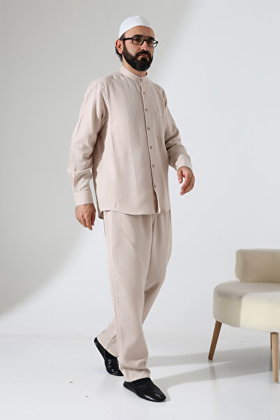 ihvan online Men's Muslin Hakim Collar Shirt with Pockets and Pants Two-Piece Set, Hajj Umrah Outfit - Beige (Ans)