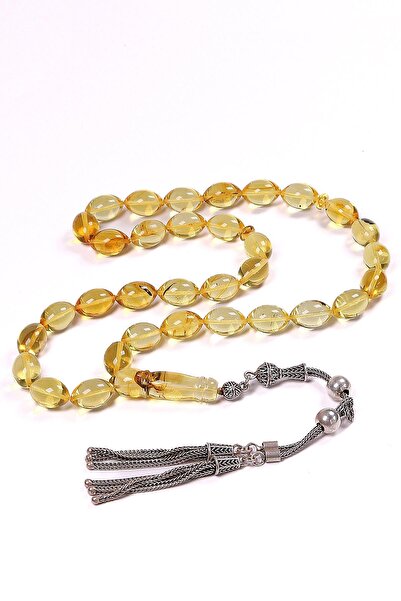 TESBİHKENTİ سبحة من حبات الشعير الفضية ذات الصنعة اليدوية مع شراشيب من العنبر