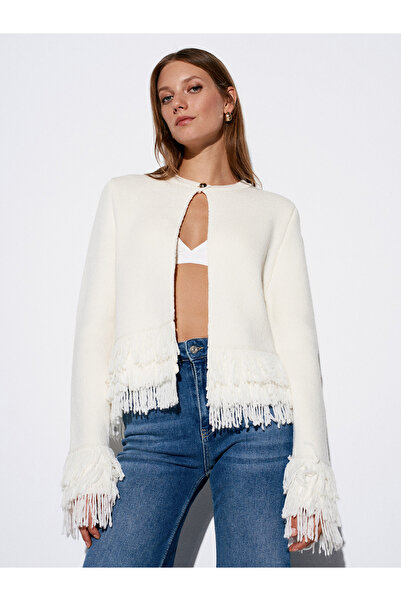 Dilvin 60993 Kolu Püsküllü Triko Hırka-Ekru