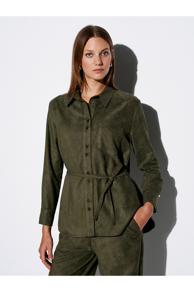 Dilvin 50518 Belted Suede Shirt-Çağla