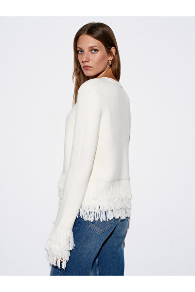 Dilvin 60993 Kolu Püsküllü Triko Hırka-Ekru
