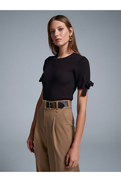 Dilvin 10828 Corded Short Sleeve Sweater-Dark Brown