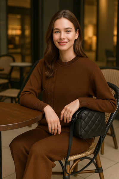 semela New Season Side Hair Braided Pearl Detail Knitwear Set