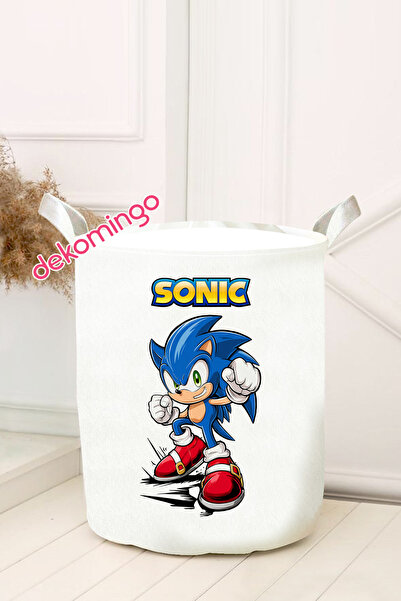 dekomingo Beyaz Sonic Desenli Keçe Oyuncak Sepeti-Çamaşır Sepeti 30x45 cm