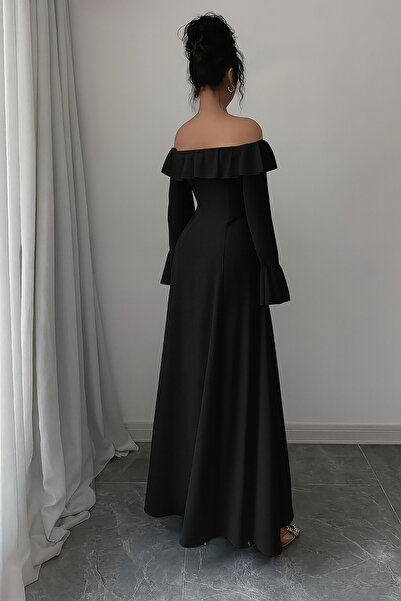 Deafox Black Madonna Collar Ruffle Detail Long Sleeve Crepe Fabric Dress