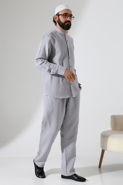 ihvan online Men's Muslin Hakim Collar Shirt with Pockets and Pants Two-Piece Set, Hajj Umrah Outfit - Gray (Ans)