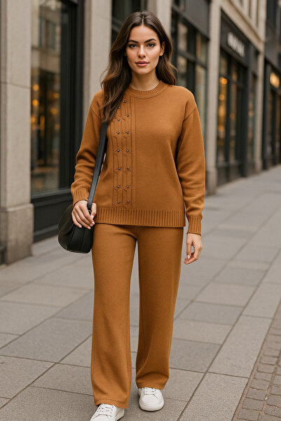 semela New Season Side Hair Braided Pearl Detail Knitwear Set