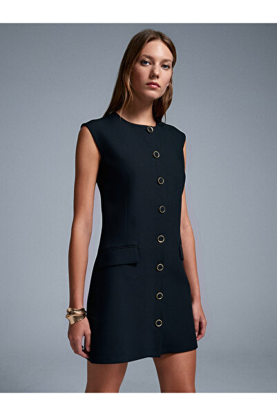 Dilvin 90928 Pensli Düğmeli Elbise-Siyah