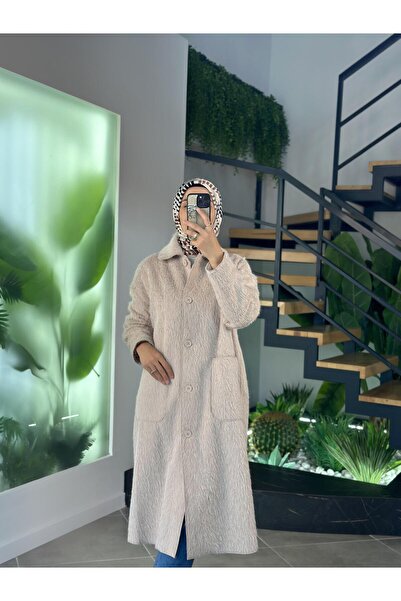 İkoll Kum Renk Kadın Tüylü Peluş Uzun Kaban