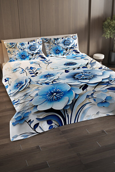 MonoHome 100% Cotton Double Bedspread Set Special Weave Blue Flower