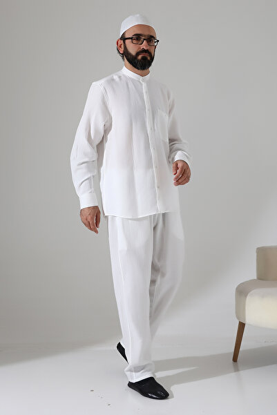 ihvan online Men's Muslin Hakim Collar Shirt with Pockets and Pants Two-Piece Set, Hajj Umrah Outfit - White (Ans)