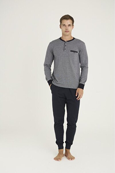 KLY Patlı Sıfır Yaka Jakarlı Penye Erkek Pijama Takım