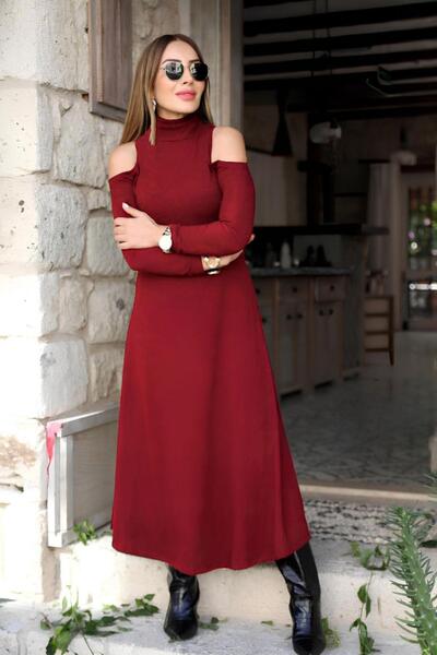 Mossta Turtleneck Off-The-Shoulder Long Sleeve Ruffled Crepe Dress Red
