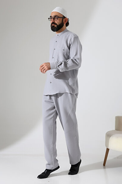 ihvan online Men's Muslin Hakim Collar Shirt with Pockets and Pants Two-Piece Set, Hajj Umrah Outfit - Gray (Ans)