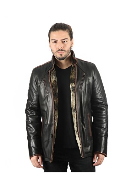 vivamood Hebert Erkek Yün İçlikli Jumbo Baskılı Deri Kaban-2XL