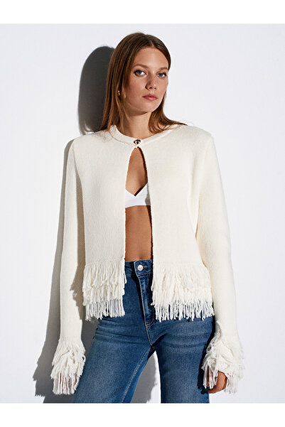 Dilvin 60993 Kolu Püsküllü Triko Hırka-Ekru