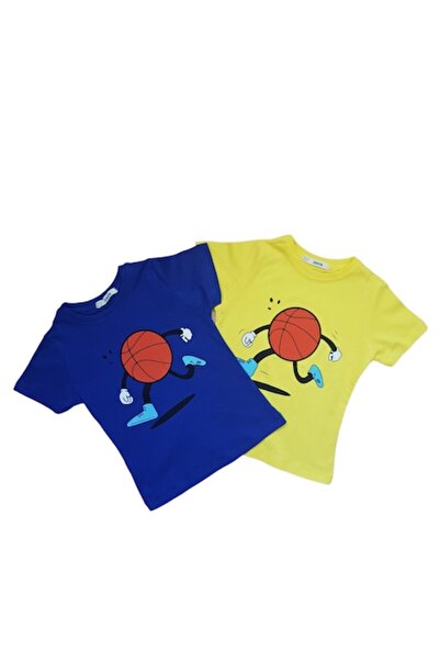 ACAR Set 2 tricouri baieti din bumbac, baschet , varsta 5 ani, 110 cm , Galben/Albastru