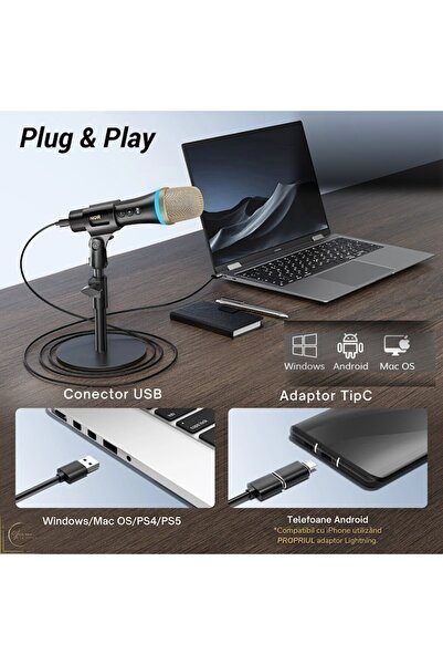 TONOR TD310 Dynamic RGB USB-C Microphone for PC & Mobile - Quick Mute, Desk Stand (Black)