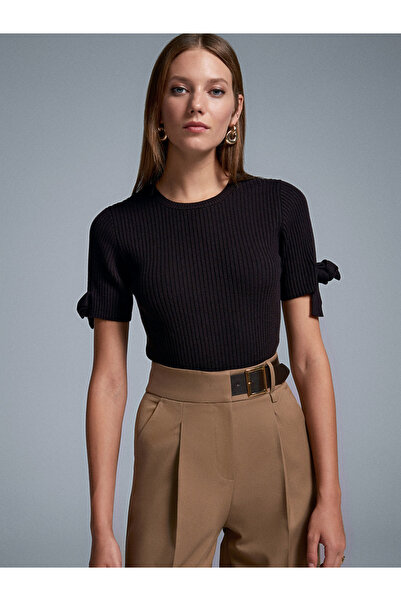 Dilvin 10828 Corded Short Sleeve Sweater-Dark Brown