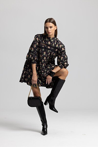 Işşıl 1024-Dantel Detay Çiçekli Mini Tunik-Elbise