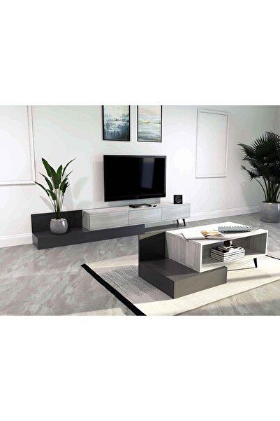 Stylish Home طقم طاولة قهوة وتلفاز باللونين الأبيض والرمادي - SH55