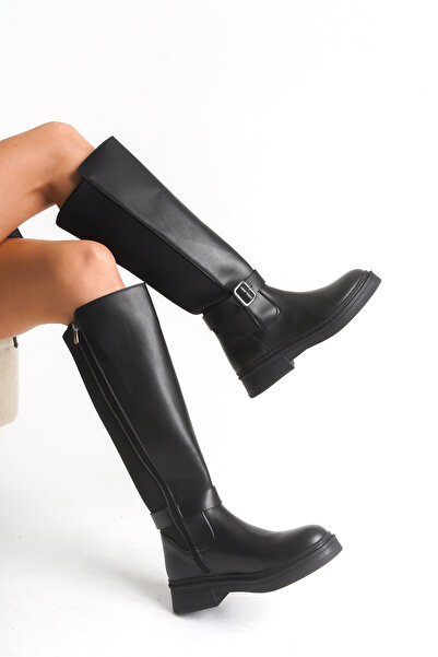 Bak Store Black Diver Fabric Detailed Flexible Below-The-Knee Women's Riding Boots Thick Soled