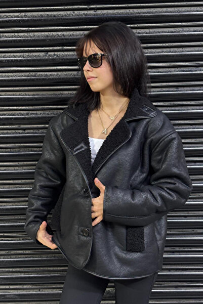 thesunfyre KADIN Siyah Dokulu Süet İçi Peluşlu Oversize Zr Model Mont