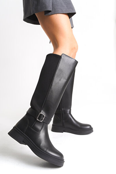 Bak Store Black Diver Fabric Detailed Flexible Below-The-Knee Women's Riding Boots Thick Soled