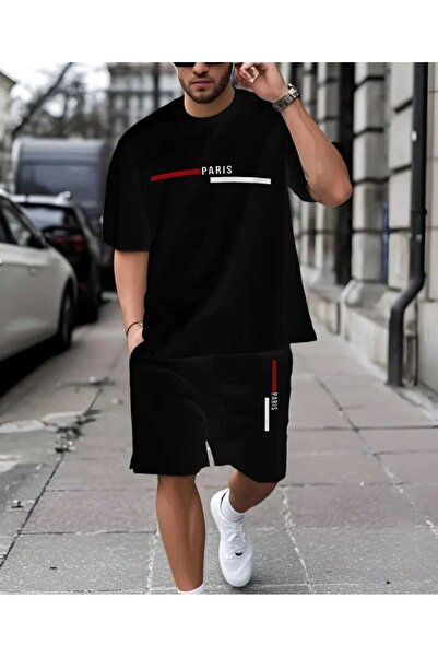 ORVIO Group Men's'Paris' Letter Print Striped T-Shirt and Shorts Set