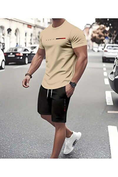 ORVIO Group Men's'Paris' Letter Print Striped T-Shirt and Shorts Set